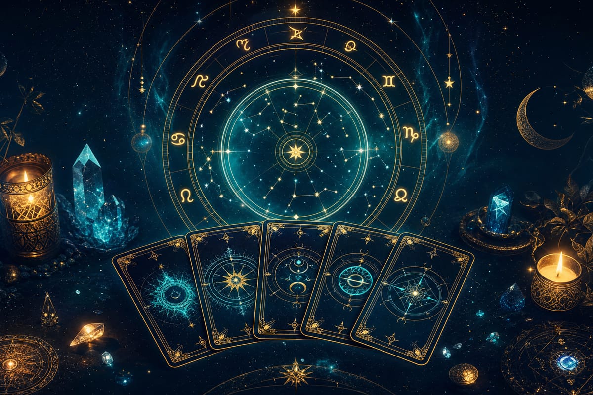AstraLoop — a mystical astrology and tarot interface with glowing zodiac rings and cards
