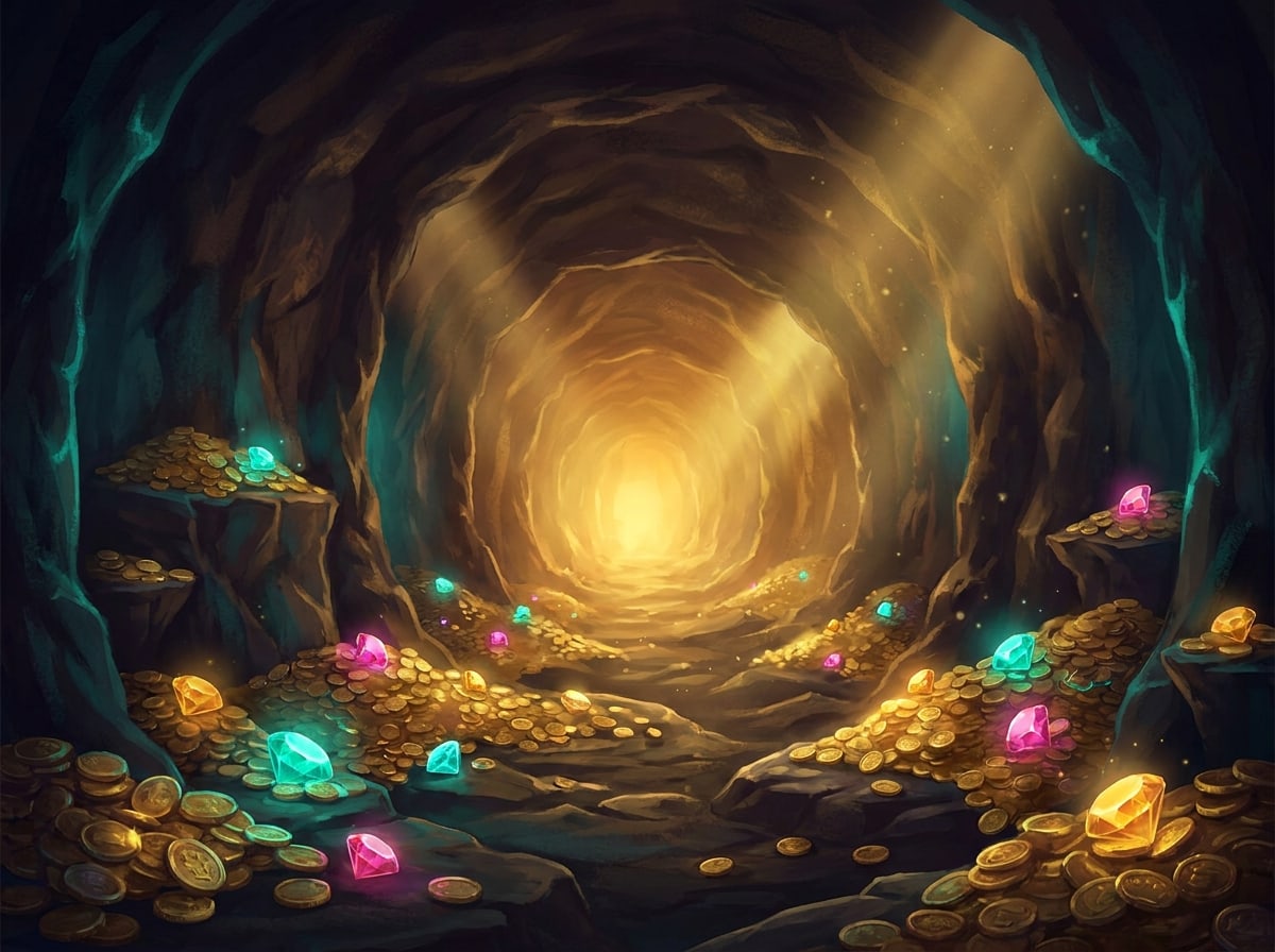 Treasure Tunnel key art — a glowing treasure cave filled with gold coins and gems